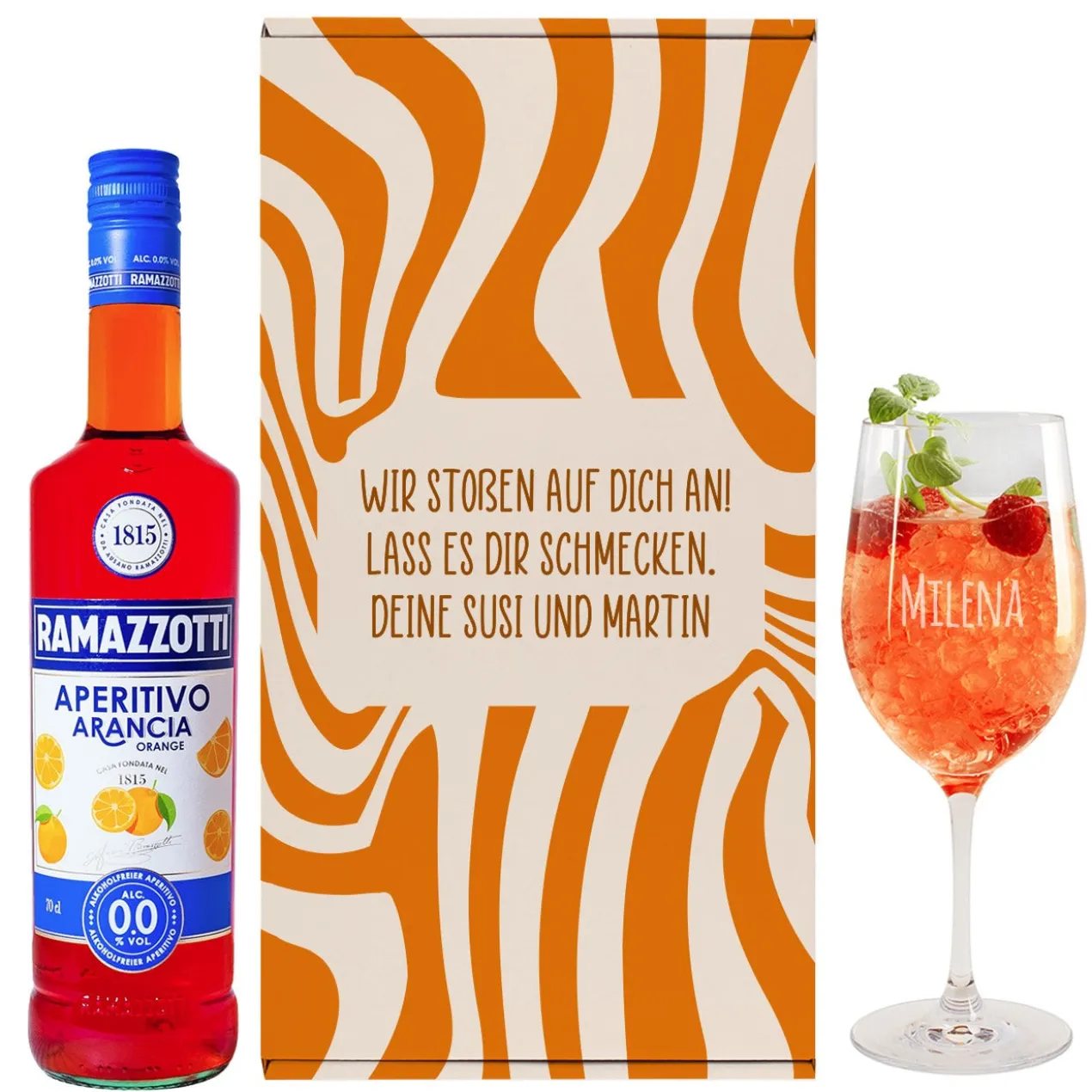 Geschenkset mit Weinglas und Aperol mit Wunschtext und Name graviert