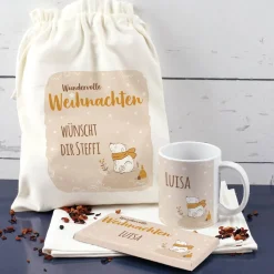 Geschenkset - Wundervolle Weihnachten - Tasse, Schokolade und Geschenksack mit Eisbär Motiv