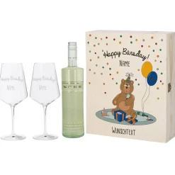 Geschenkset zum Geburtstag bestehend aus personalisierter Holzbox und gravierten Weingläsern