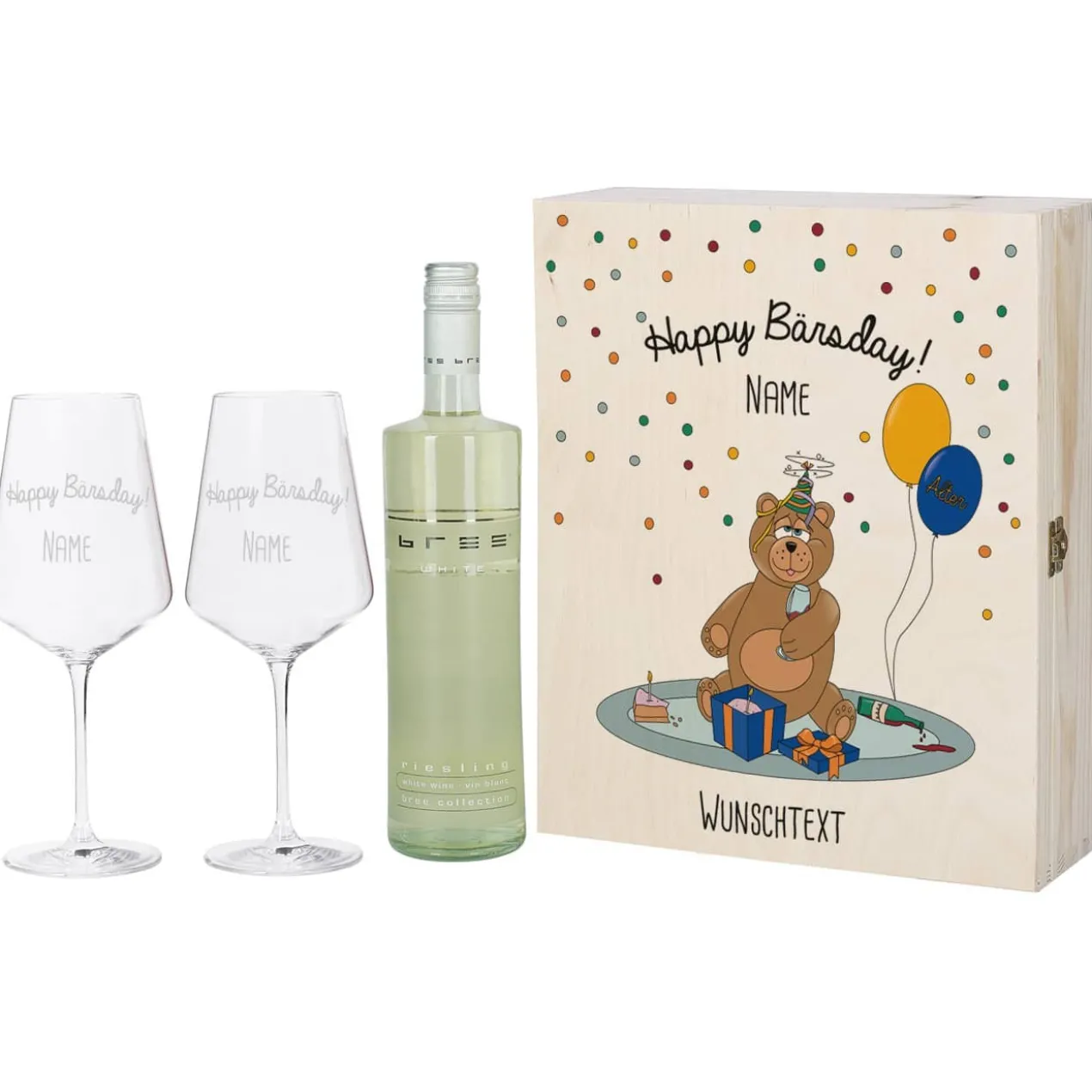 Geschenkset zum Geburtstag bestehend aus personalisierter Holzbox und gravierten Weingläsern