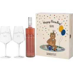 Geschenkset zum Geburtstag bestehend aus personalisierter Holzbox und gravierten Weingläsern