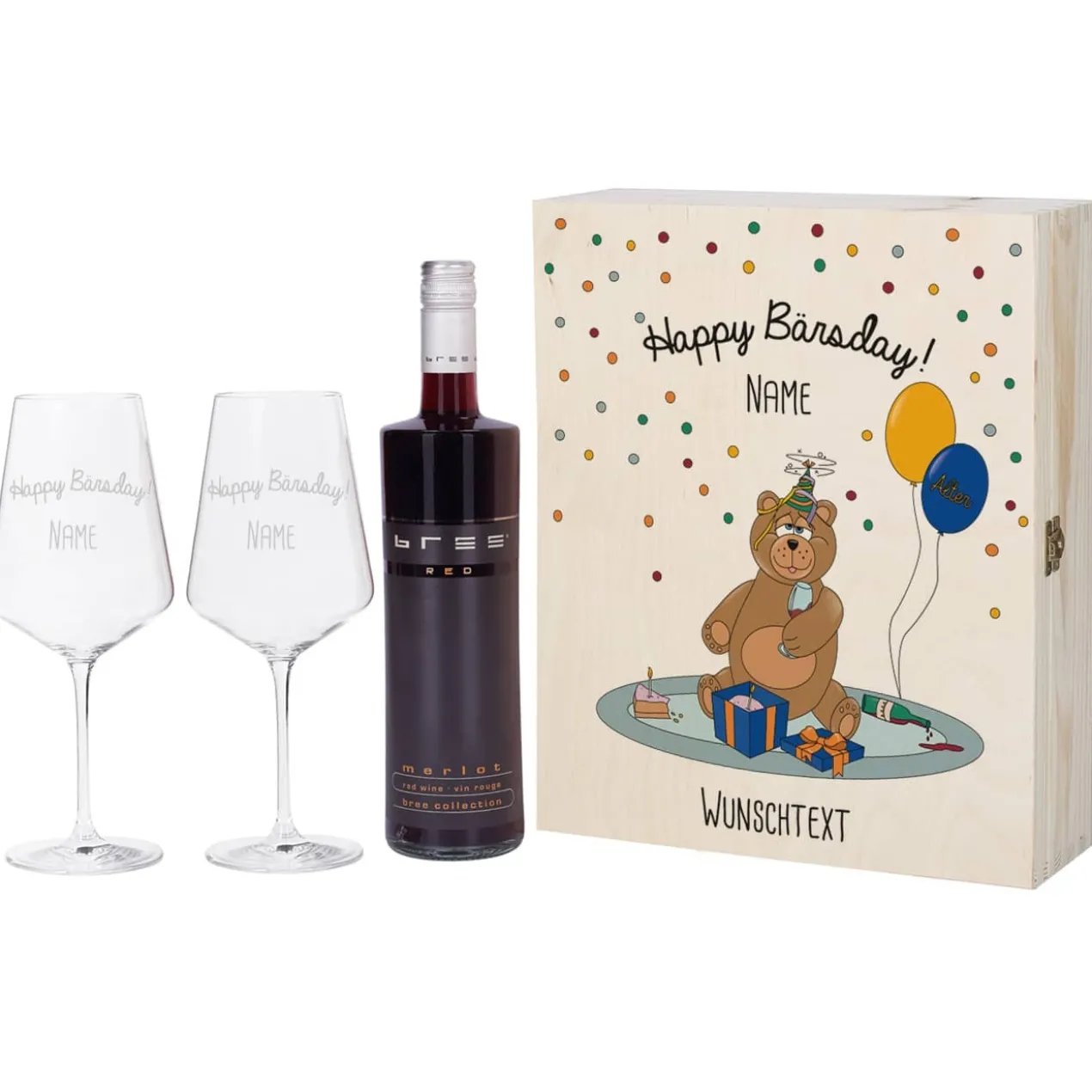Geschenkset zum Geburtstag bestehend aus personalisierter Holzbox und gravierten Weingläsern
