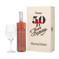Geschenkset zum 50. Geburtstag mit graviertem Weinglas und Weinflasche in persönlicher Holzbox