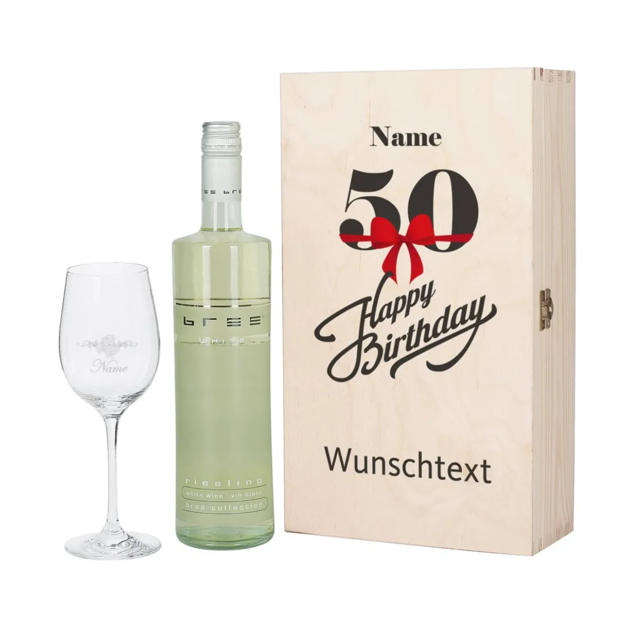 Geschenkset zum 50. Geburtstag mit graviertem Weinglas und Weinflasche in persönlicher Holzbox