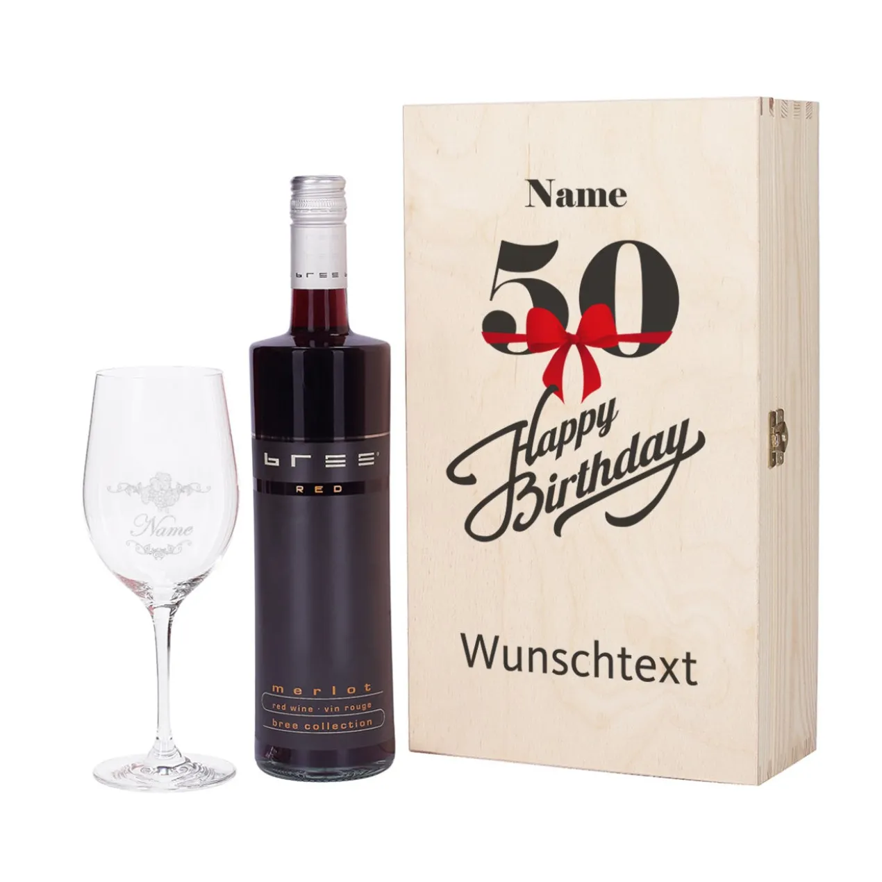 Geschenkset zum 50. Geburtstag mit graviertem Weinglas und Weinflasche in persönlicher Holzbox