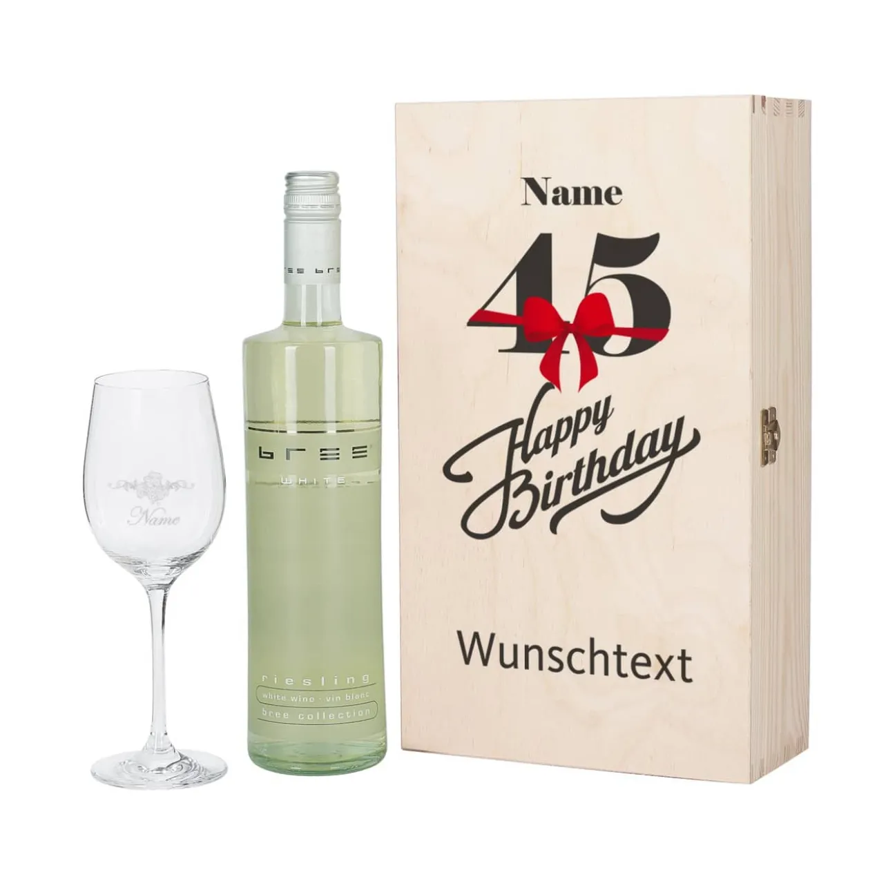 Geschenkset zum 45. Geburtstag mit graviertem Weinglas und Flasche in Holzbox