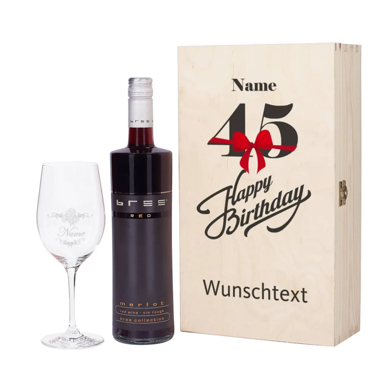 Geschenkset zum 45. Geburtstag mit graviertem Weinglas und Flasche in Holzbox