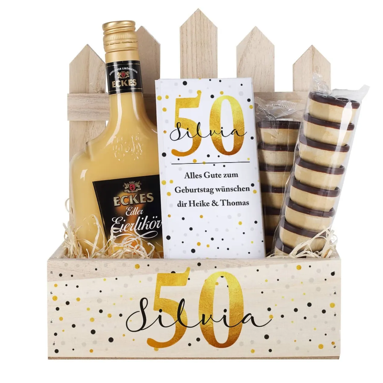 Geschenkset zum Geburtstag mit Eierlikör, Schokolade und Waffelbechern im Geschenkkorb
