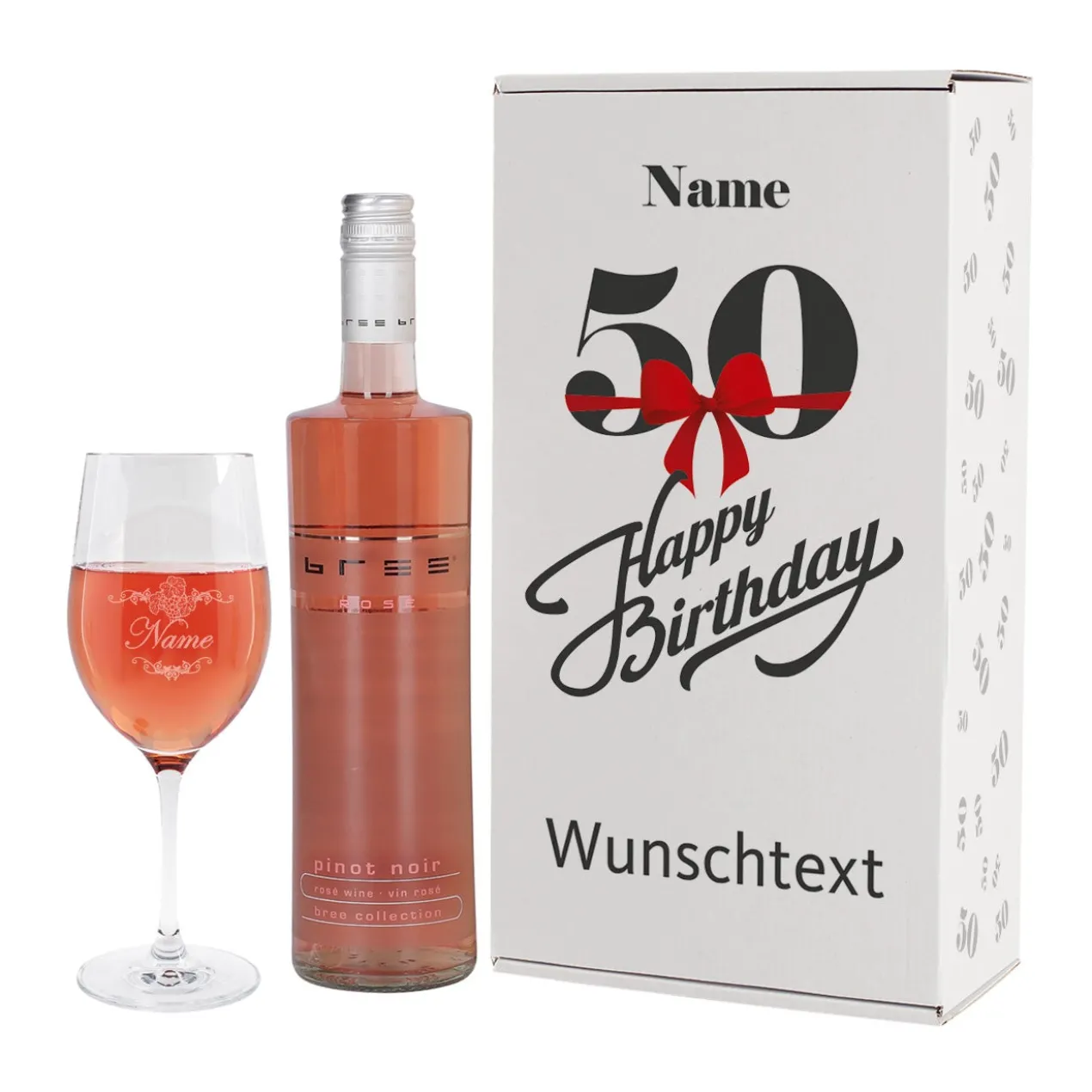 Geschenkset zum 50. Geburtstag mit graviertem Weinglas und Weinflasche in bedruckter Geschenkbox