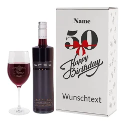Geschenkset zum 50. Geburtstag mit graviertem Weinglas und Weinflasche in bedruckter Geschenkbox