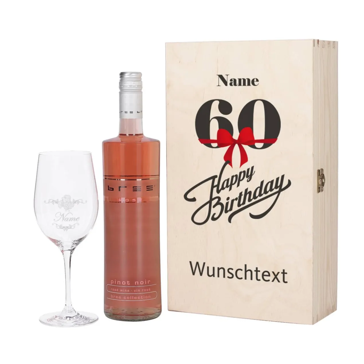 Geschenkset zum 60. Geburtstag mit graviertem Weinglas und Flasche in bedruckter Holzbox