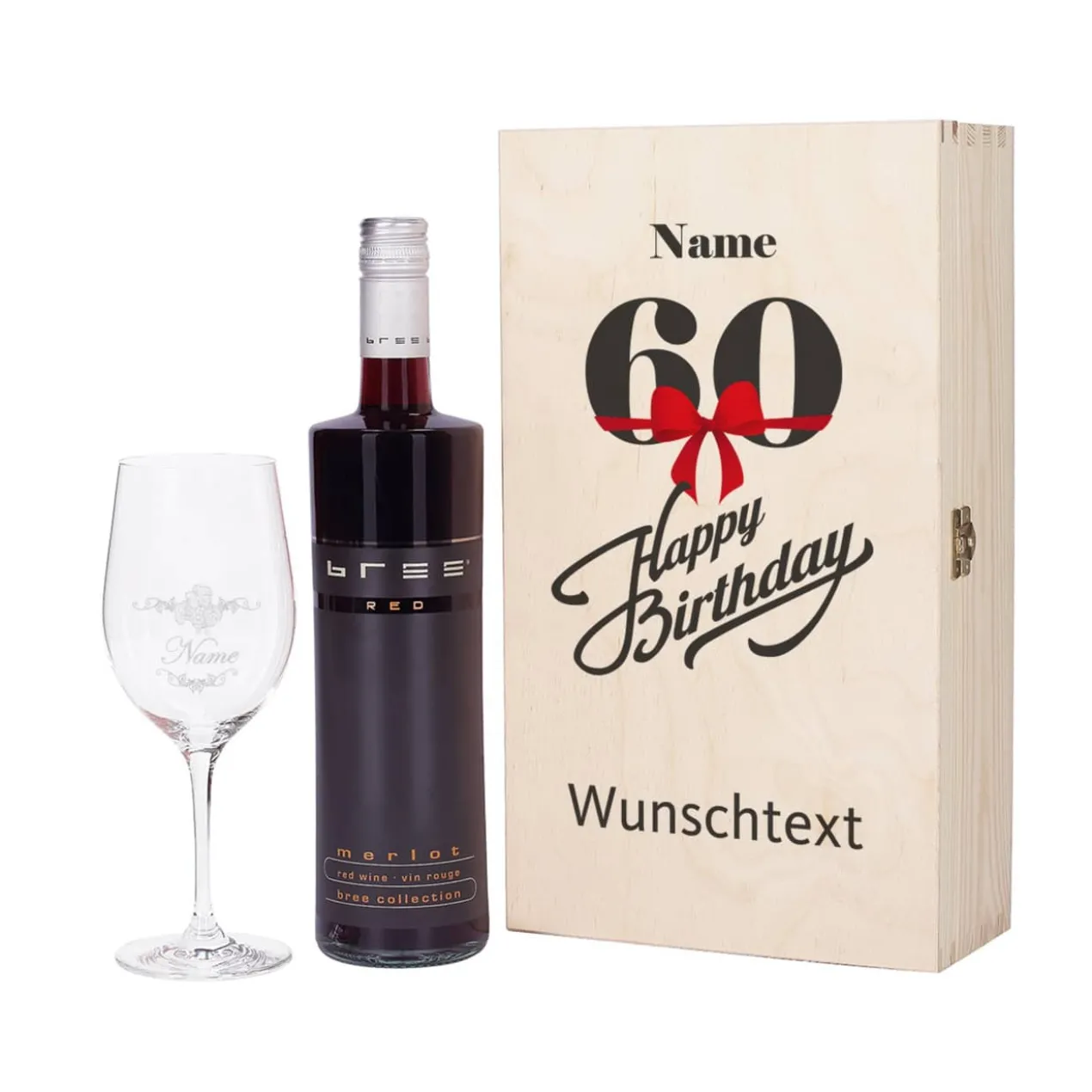 Geschenkset zum 60. Geburtstag mit graviertem Weinglas und Flasche in bedruckter Holzbox