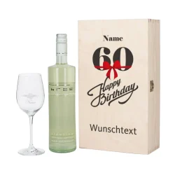 Geschenkset zum 60. Geburtstag mit graviertem Weinglas und Flasche in bedruckter Holzbox