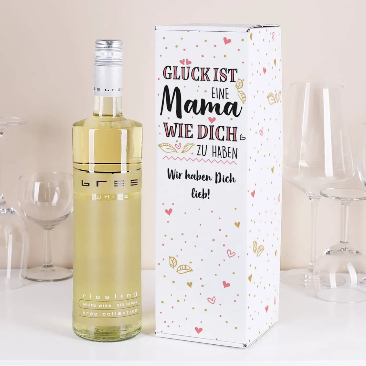 Geschenkset zum Muttertag mit BREE Weinflasche und Verpackung - mit Wunschtext