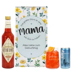 Geschenkset zum Muttertag mit graviertem Glas und blumiger Geschenkverpackung