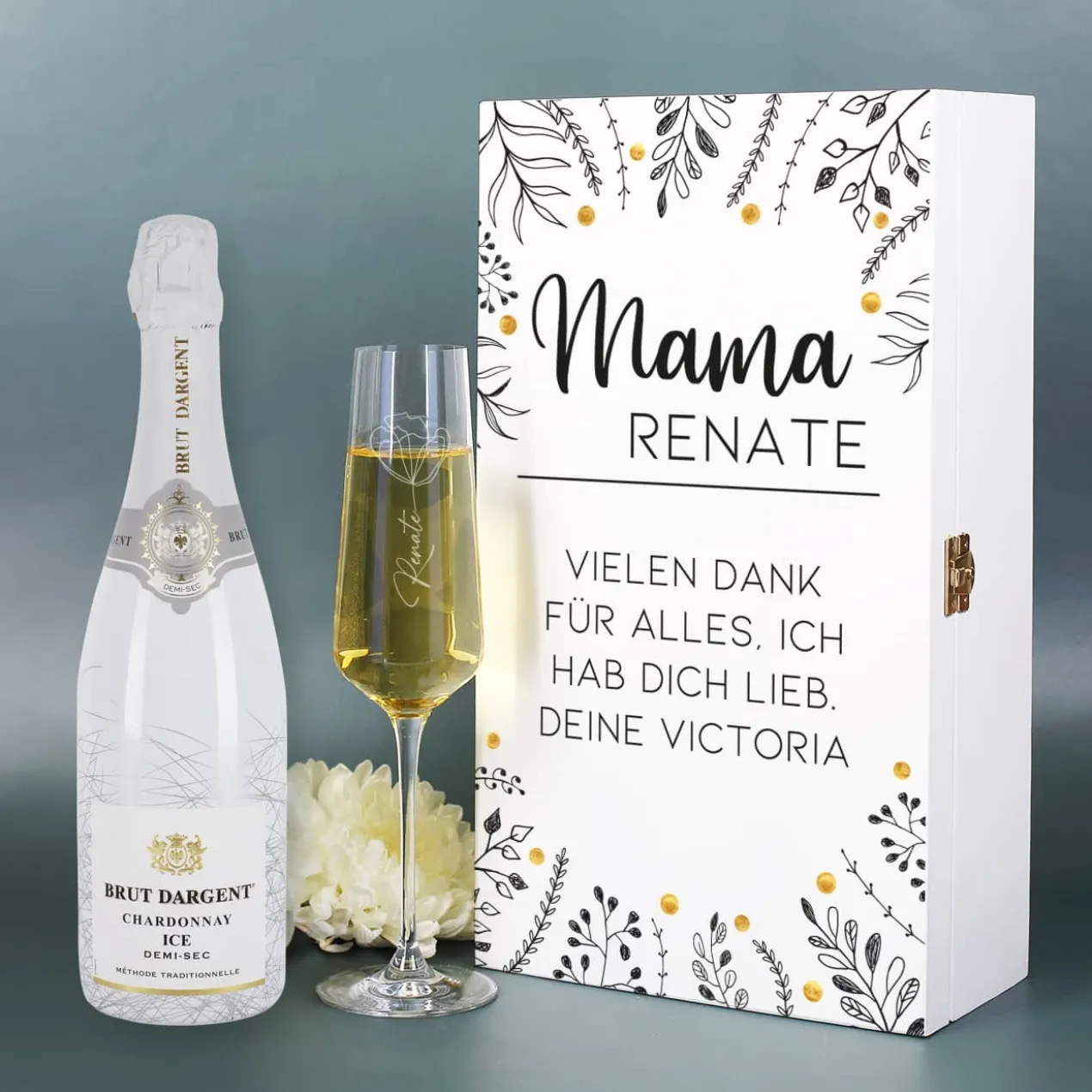 Geschenkset zum Muttertag mit Flasche Sekt, Sektglas und Holzbox