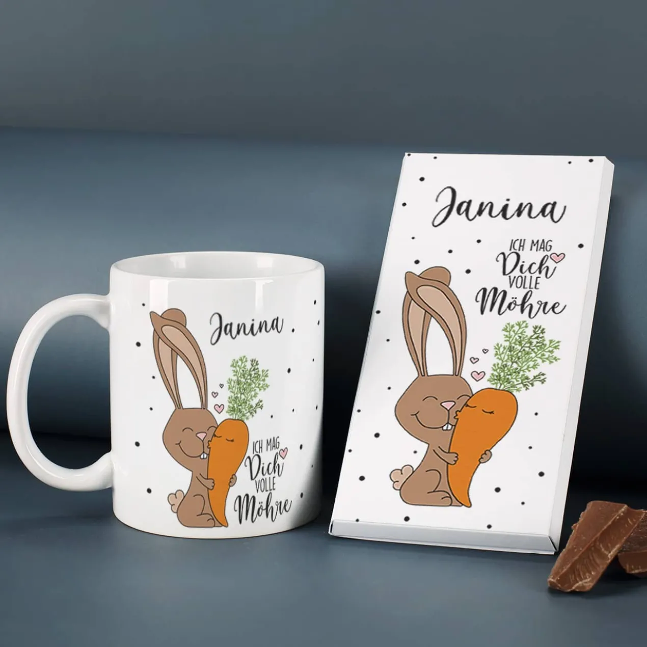 Geschenkset zu Ostern - Ich mag dich volle Möhre - mit Tasse und Schokolade
