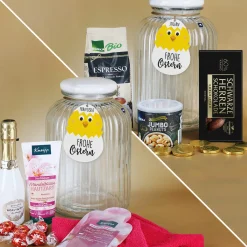 Geschenkset zu Ostern in großer Glasdose mit süßem Kükenanhänger