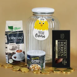 Geschenkset zu Ostern in großer Glasdose mit süßem Kükenanhänger