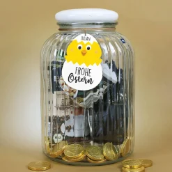 Geschenkset zu Ostern in großer Glasdose mit süßem Kükenanhänger