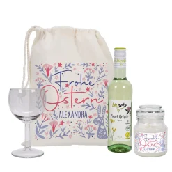 Geschenkset zu Ostern mit Duftkerze und Wein im Geschenksack