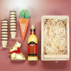 Geschenkset zu Ostern mit Eierlikör, Lindt Hase und Möhre