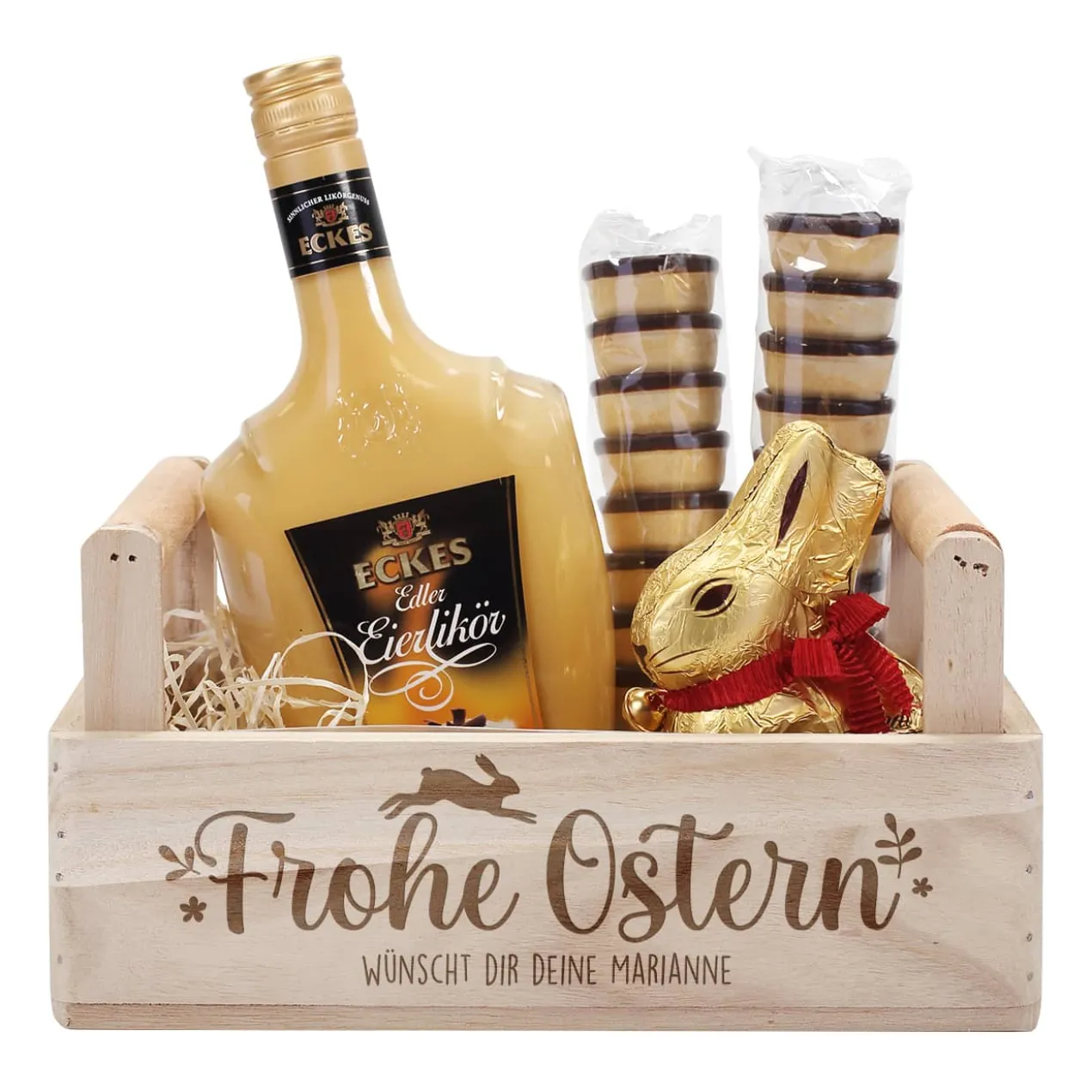 Geschenkset zu Ostern mit Eierlikör und Lindt Schokohase in gravierter Holzbox