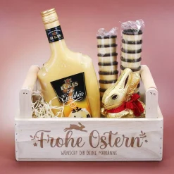 Geschenkset zu Ostern mit Eierlikör und Lindt Schokohase in gravierter Holzbox