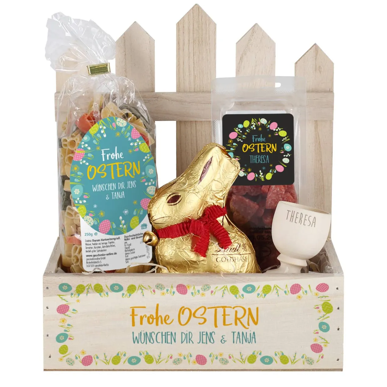 Geschenkset zu Ostern mit Hasennudeln, Salamiherzen, Eierbecher und Lindthase