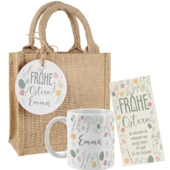 Geschenkset zu Ostern mit personalisierter Tasse, Schokolade & Jute-Geschenktüte im Oster-Design