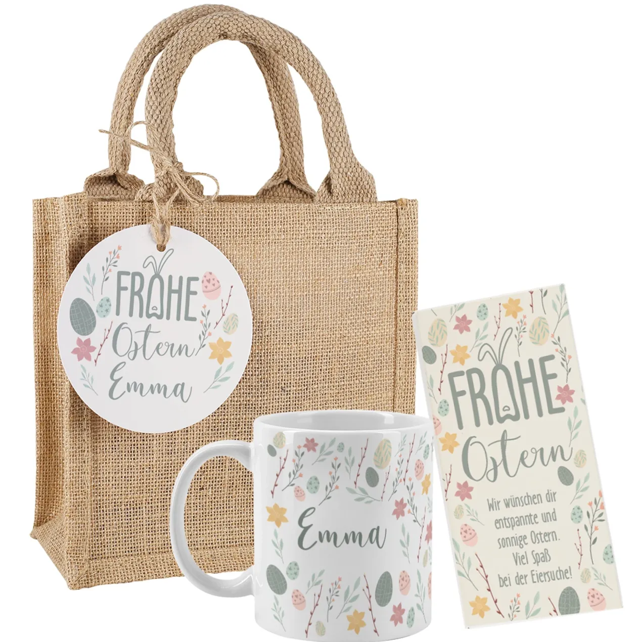 Geschenkset zu Ostern mit personalisierter Tasse, Schokolade & Jute-Geschenktüte im Oster-Design