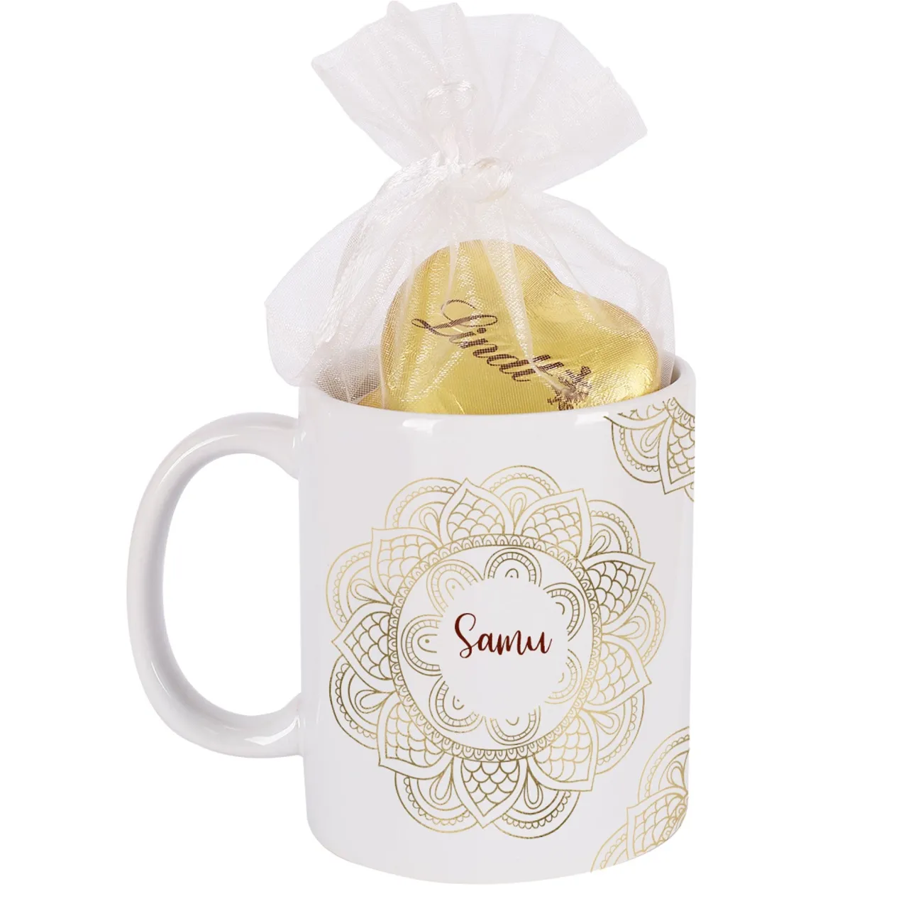 Geschenkset zu Ramadan mit personalisierter Tasse im Mandala-Design und süßer Füllung nach Wahl