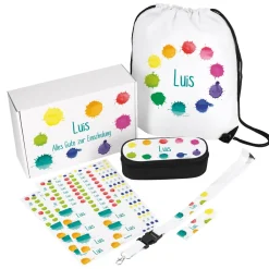 Geschenkset zur Einschulung mit buntem Motiv und Namensaufdruck