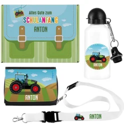Geschenkset zur Einschulung mit Traktor und Name bedruckt
