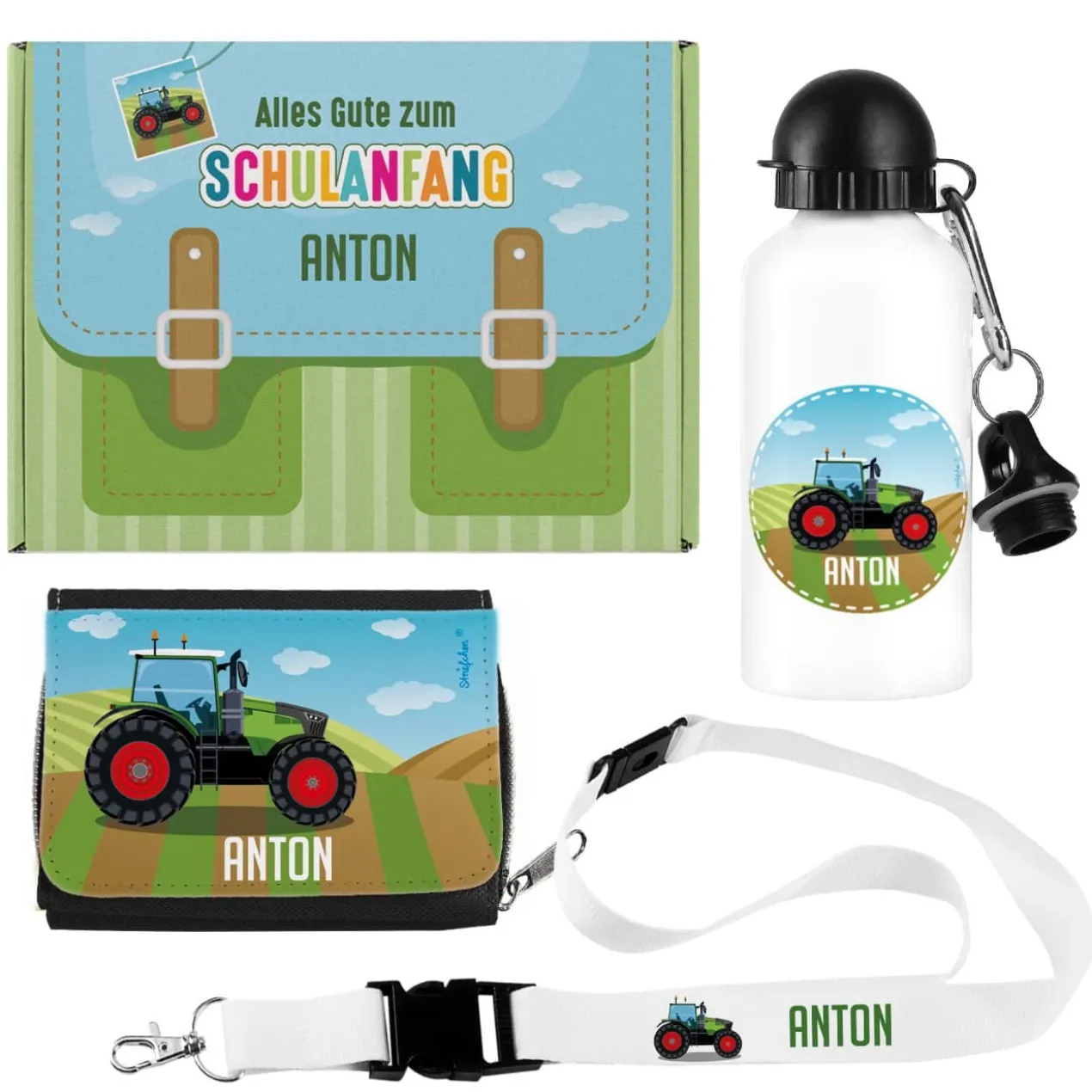 Geschenkset zur Einschulung mit Traktor und Name bedruckt