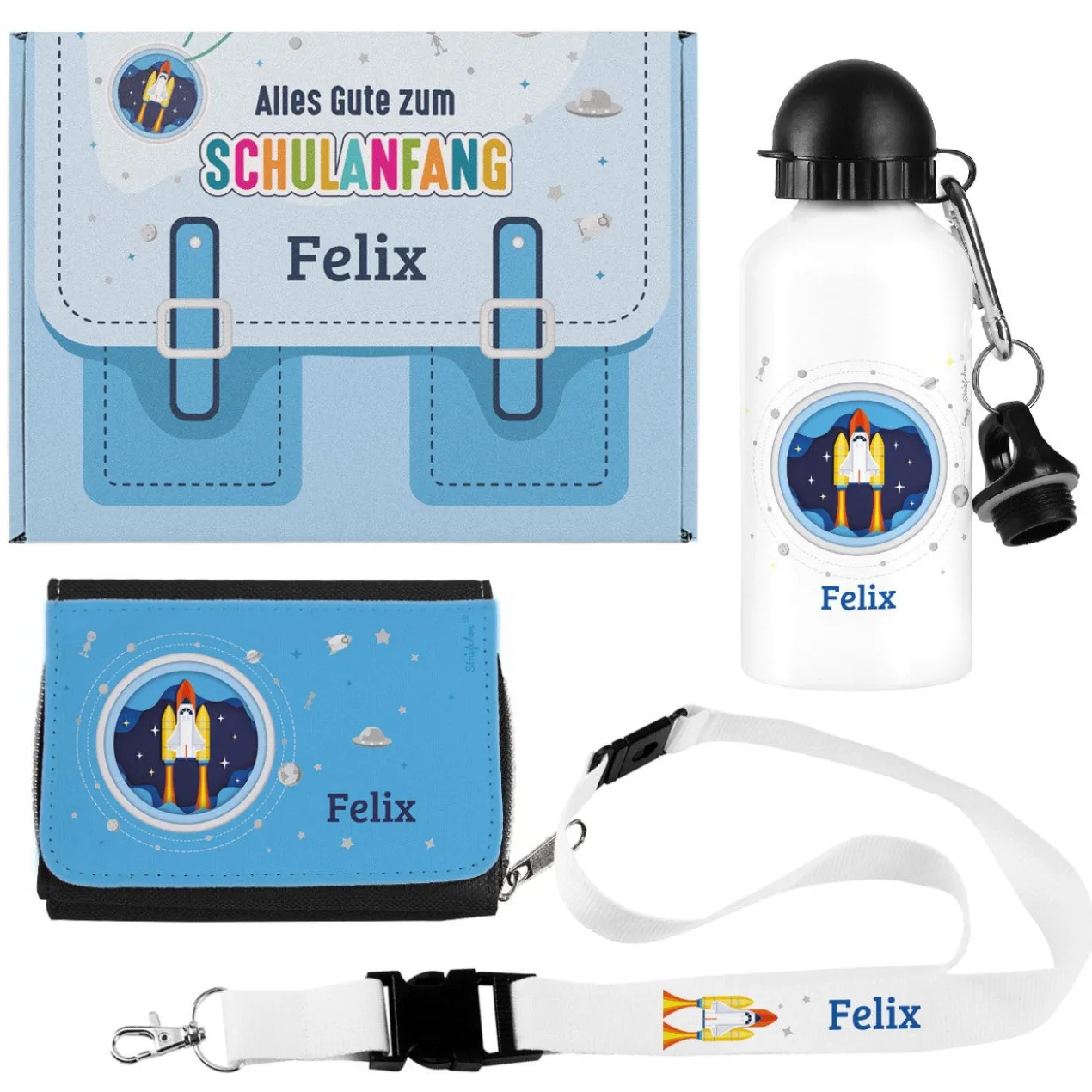 Geschenkset zur Einschulung mit Raumschiff-Motiv und Name
