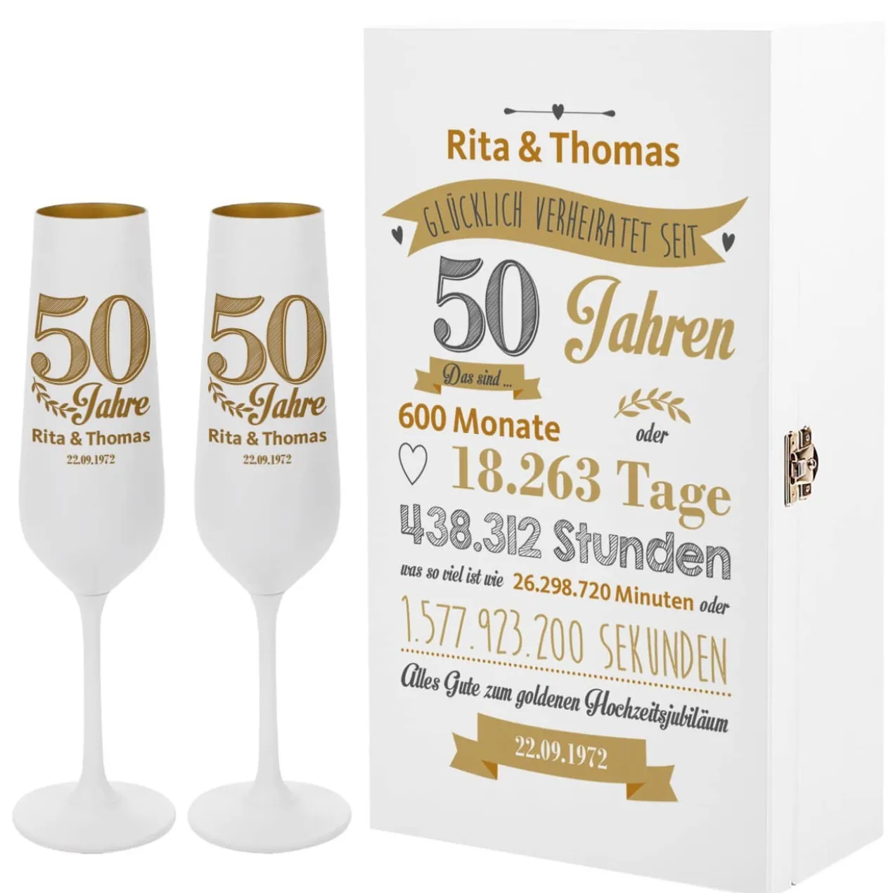 Geschenkset zur goldenen Hochzeit mit Sektgläsern und Holzbox
