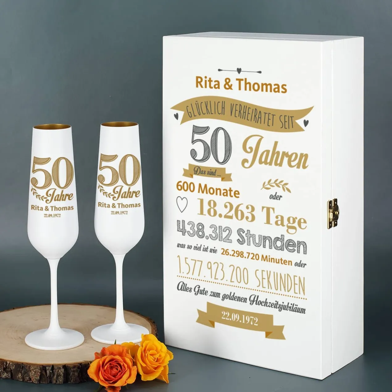 Geschenkset zur goldenen Hochzeit mit Sektgläsern und Holzbox