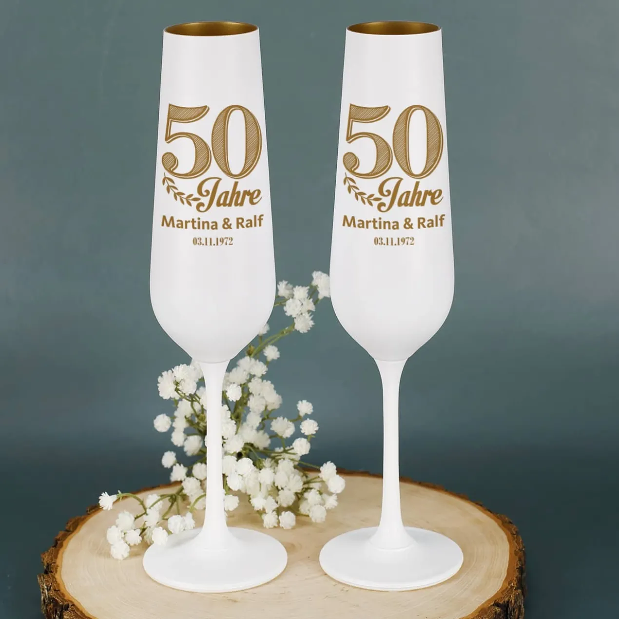 Geschenkset zur goldenen Hochzeit mit Sektgläsern und Holzbox