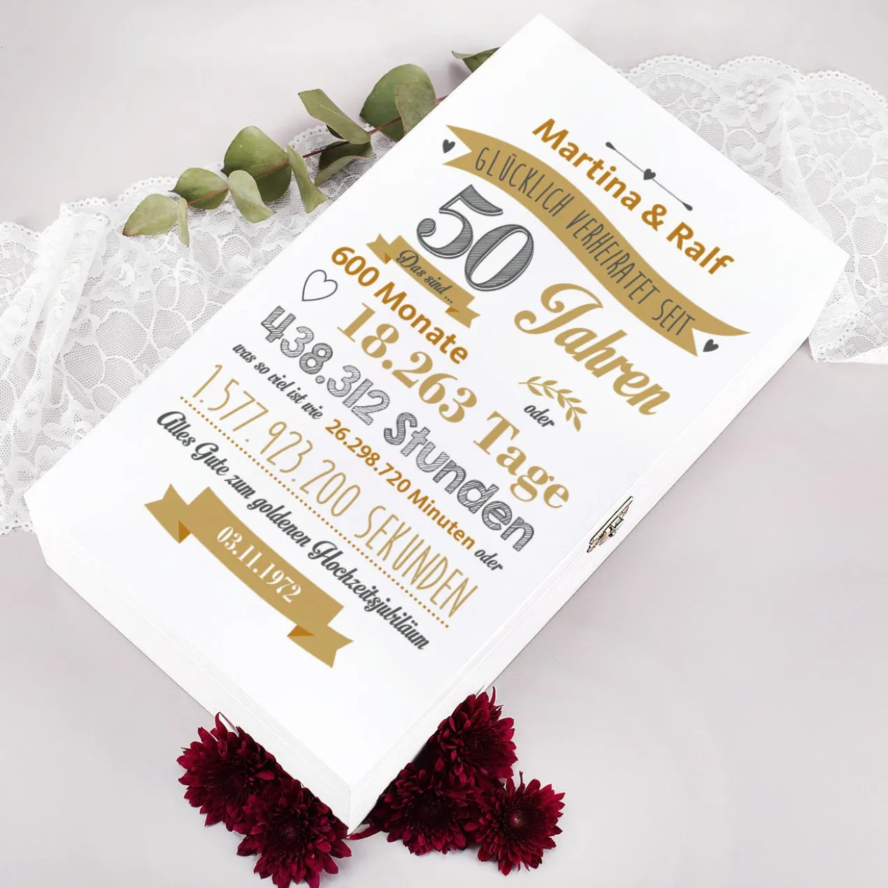 Geschenkset zur goldenen Hochzeit mit Sektgläsern und Holzbox