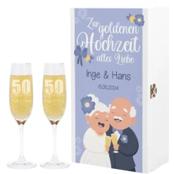 Geschenkset zur goldenen Hochzeit mit zwei gravierten Sektgläsern