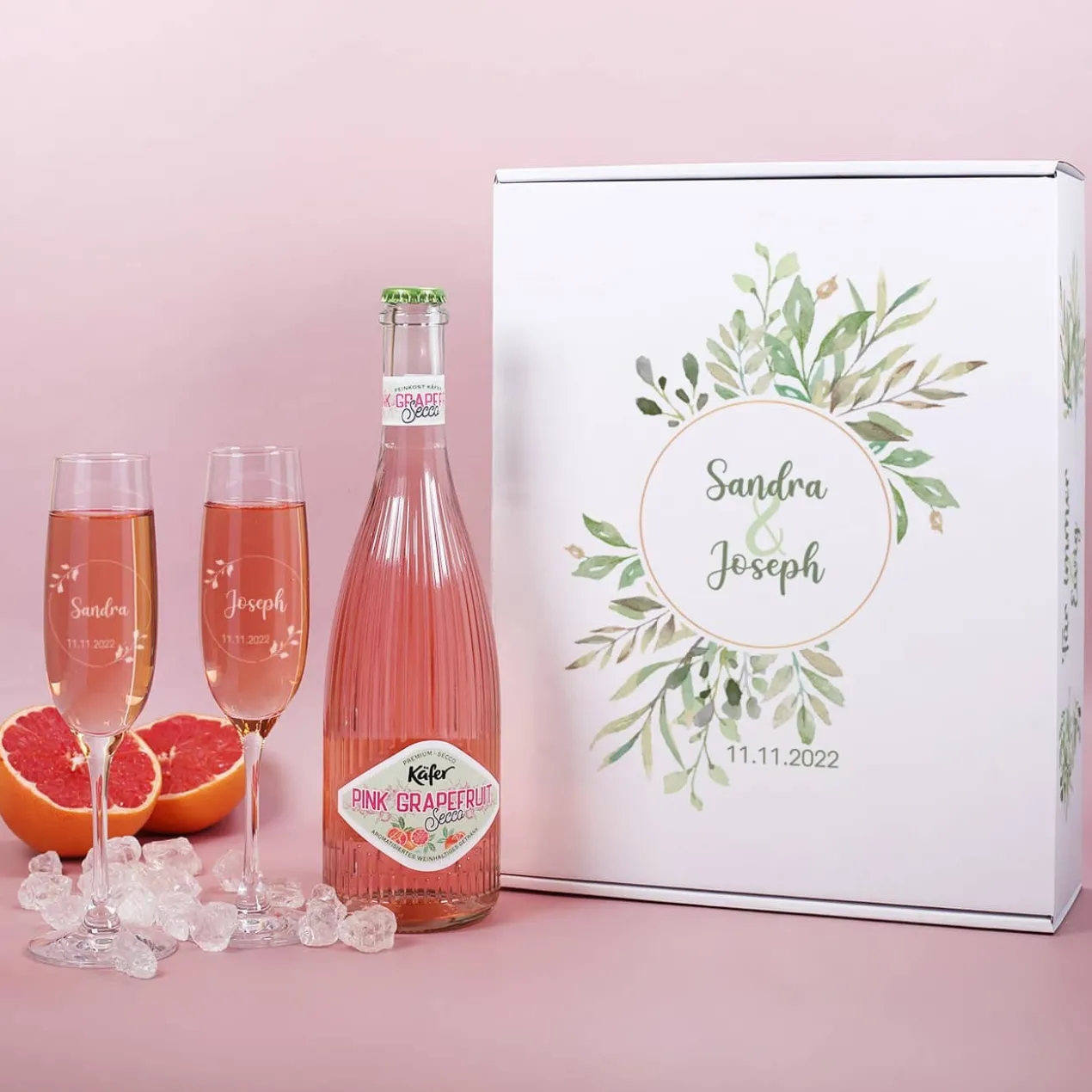 Geschenkset zur Hochzeit mit Blättern, Name und Datum