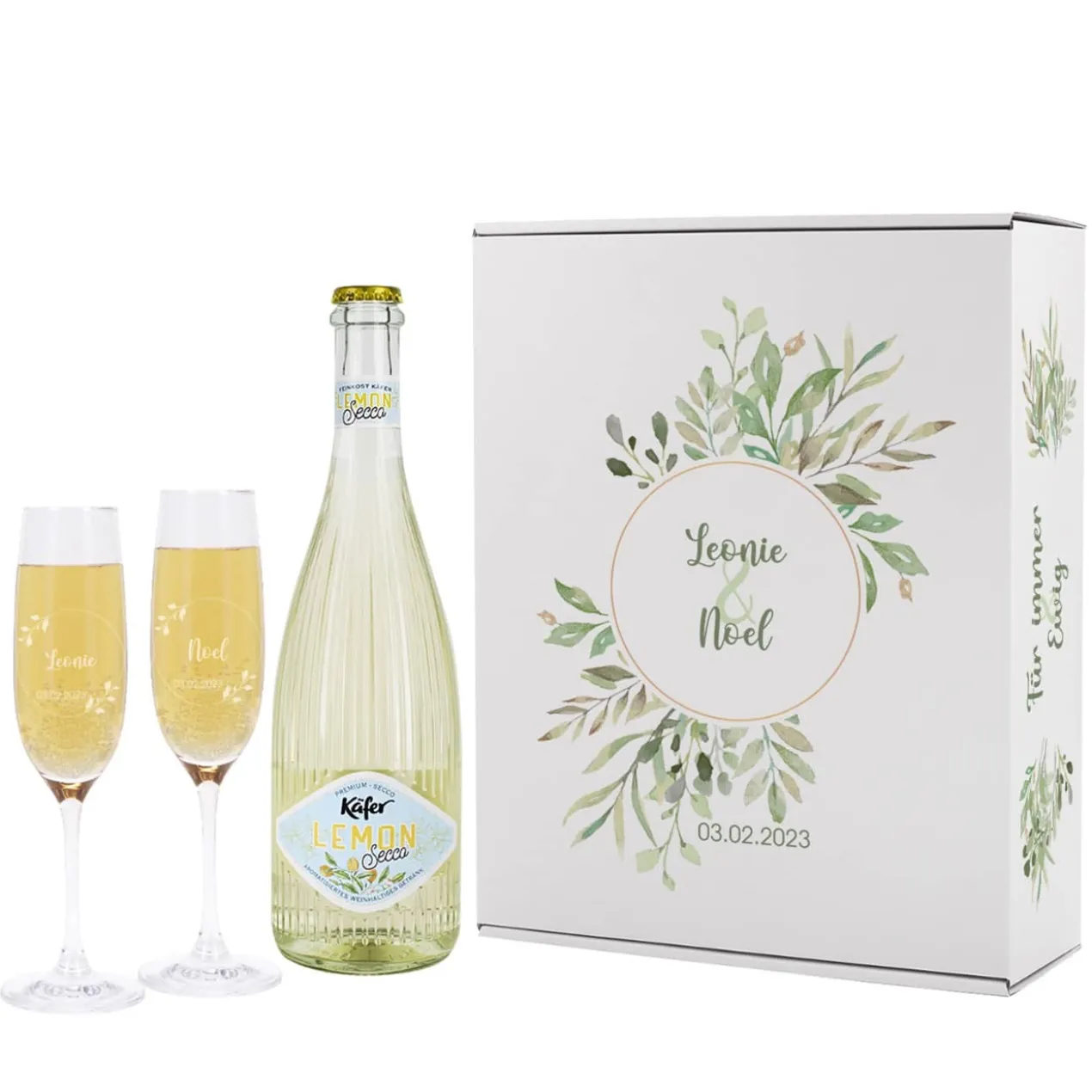 Geschenkset zur Hochzeit mit Blättern, Name und Datum