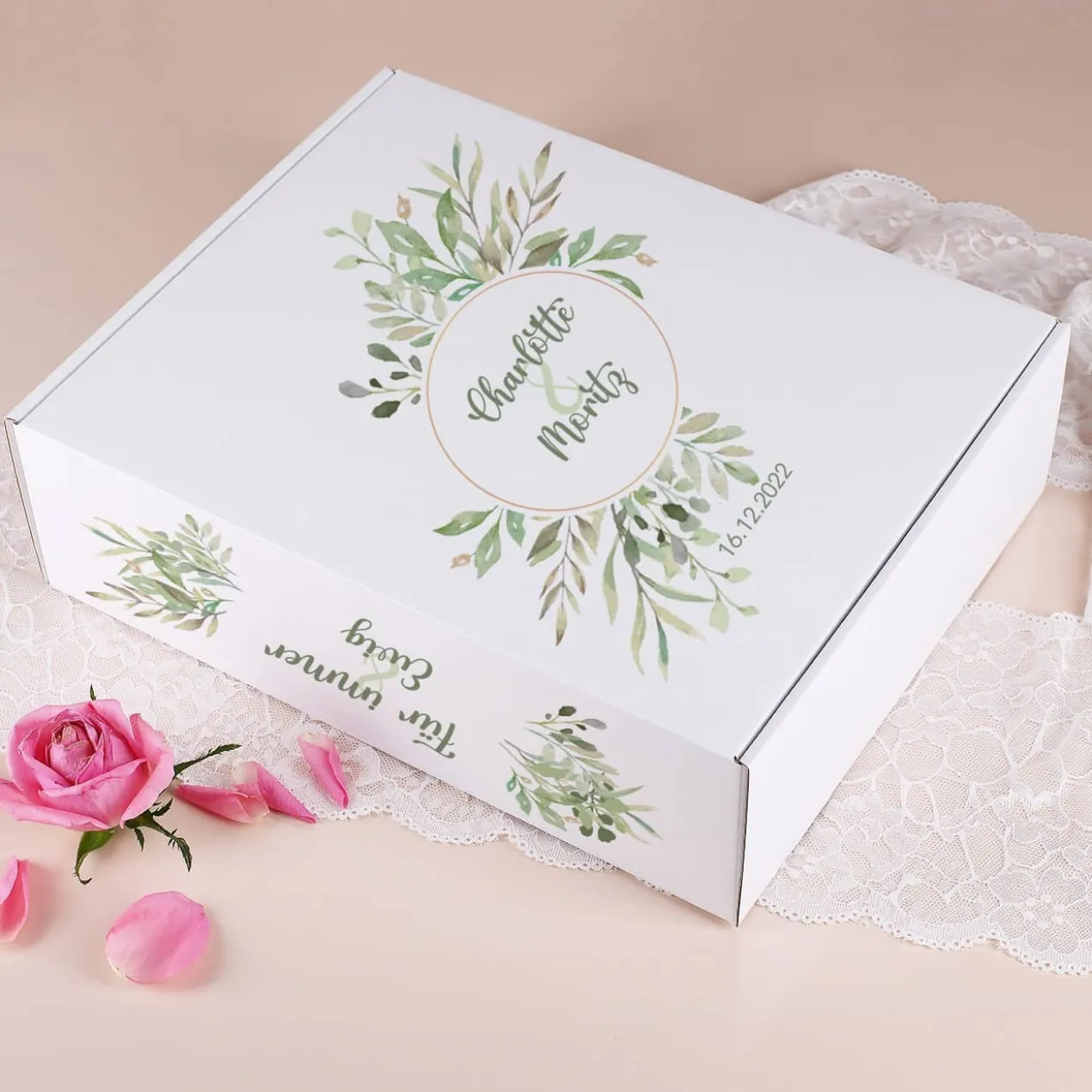 Geschenkset zur Hochzeit mit Blättern, Name und Datum