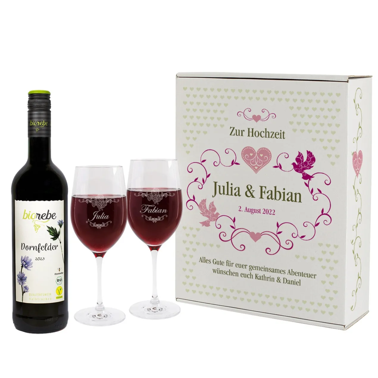 Geschenkset zur Hochzeit - Weingläser und Flasche in persönlichem Geschenkkarton