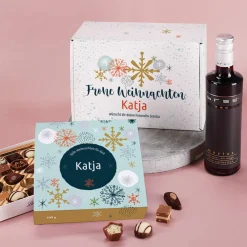 Geschenkset zu Weihnachten mit Lindt Pralinen und Wein in Geschenkbox