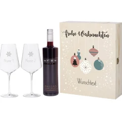 Geschenkset zu Weihnachten mit persönlicher Holzbox und zwei gravierten Weingläsern