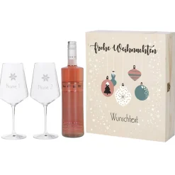 Geschenkset zu Weihnachten mit persönlicher Holzbox und zwei gravierten Weingläsern