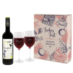 Geschenkset zu Weihnachten mit 2 Weingläsern und Biorebe-Wein in Geschenkverpackung