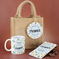 Geschenktüte mit Schokolade und Tasse für die beste Mama